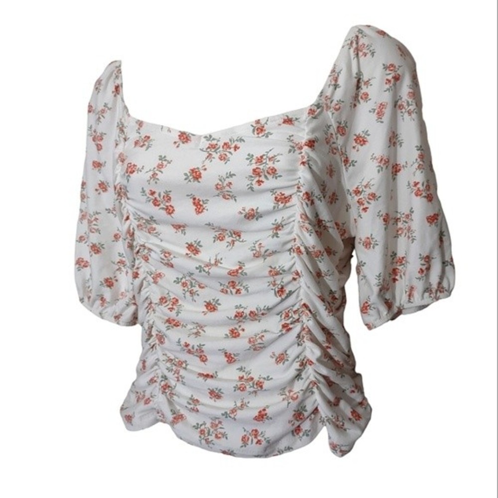 Puffed Short Sleeve Floral Smock Crop Top Womens Size L